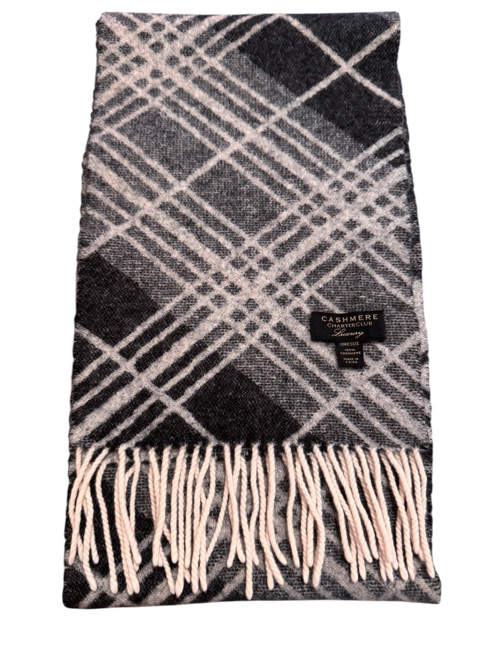 Charter Club Luxury 100% Cashmere Scarf 8”x60” Gray Black Ivory Plaid Unisex